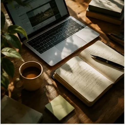Notizbuch, Laptop und Kaffee auf dem Schreibtisch